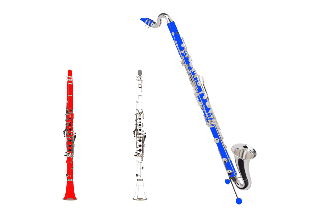 Red and white Bb clarinets, and a blue bass clarinet